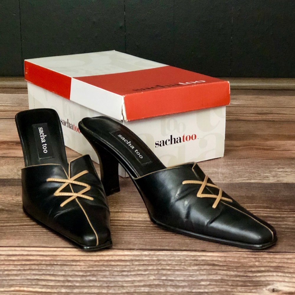 Black Leather  / Tan Braid Mules